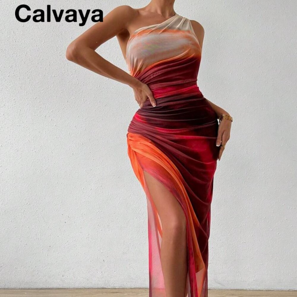 Calvay Oblique Shoulder Split Maxi Dress